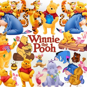 Op de afbeelding: Een verzameling Winnie de Poeh-personages, waaronder Poeh, Teigetje, Iejoor, Knorretje, Roe en Lumpy de Heffalump in diverse houdingen. De tekst Winnie the Pooh staat in het midden in rode letters. De figuren zijn in hun klassieke kleuren afgebeeld.