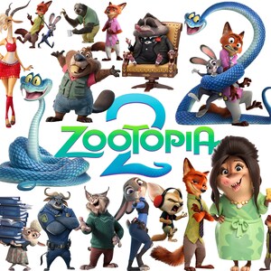 Op de afbeelding: Een digitale illustratie met het Zootopia 2-logo in felgroen en blauw, omringd door diverse antropomorfe dierenfiguren, waaronder een vos, konijn, slang, spitsmuis en buffel, afgebeeld in kleurrijke kleding en verschillende houdingen.