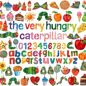 May include: A colorful collage illustration featuring The Very Hungry Caterpillar text, numbers 0-9, and the alphabet in textured letters. Surrounding elements include a green caterpillar, butterflies, various fruits, cakes, ice cream, and flowers.
