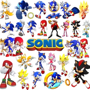 Może przedstawiać: Kolekcja naklejek z postaciami z Sonic the Hedgehog, przedstawiająca Sonica, Tailsa, Knucklesa, Amy Rose, Shadowa, Silvera i Dr. Eggmana w różnych pozach akcji. Słowo SONIC jest wydrukowane dużymi niebiesko-żółtymi literami na środku.