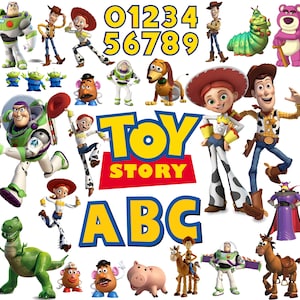 May include: A collection of Toy Story character illustrations including Woody, Buzz Lightyear, Jessie, Rex, and others, featuring the Toy Story logo, the letters ABC, and the numbers 0 through 9 in yellow and blue against a white background.