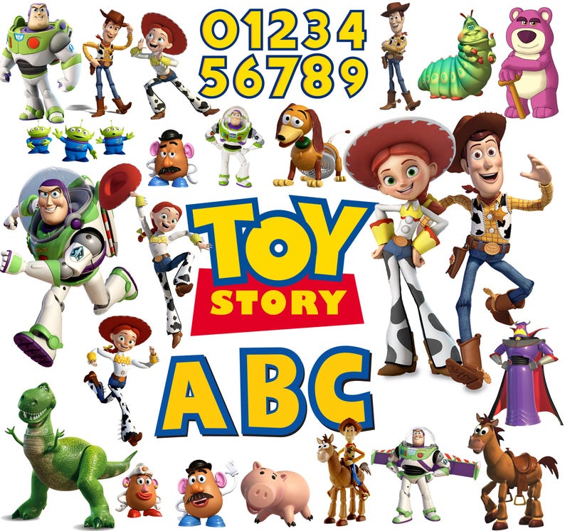 May include: A collection of Toy Story character illustrations including Woody, Buzz Lightyear, Jessie, Rex, and others, featuring the Toy Story logo, the letters ABC, and the numbers 0 through 9 in yellow and blue against a white background.