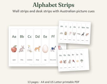 Alphabet Strips Printable, Australian Classroom Decor, Calm Watercolour, 13 Pages, A4 and US Letter PDF