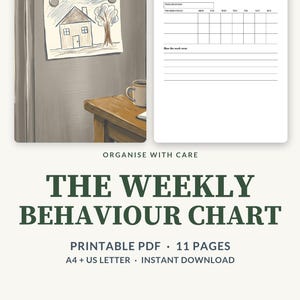 May include: A printable weekly behavior chart document featuring a grid layout with columns for days of the week and rows for behaviors. The header includes the text Weekly chart and Week beginning, with a section at the bottom for notes labeled How the week went.