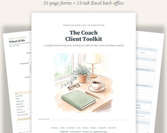 Könnte beinhalten: Ein Coach Client Toolkit Dokumentenset mit 31-seitigen Formularen und einem Excel-Backoffice mit 13 Reitern. Das Deckblatt zeigt den Titel, eine Aquarellillustration eines Schreibtisches mit Buch, Brille und Kaffee sowie Abschnitte für Ziele.