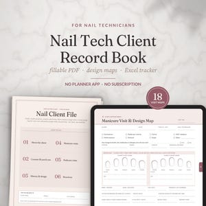 Può includere: Un registro clienti digitale per onicotecniche con PDF compilabile, mappe di design e tracker Excel. Il documento include una scheda cliente e una mappa di visita e design per manicure con 18 mappe di visita per tracciare i dettagli del cliente.