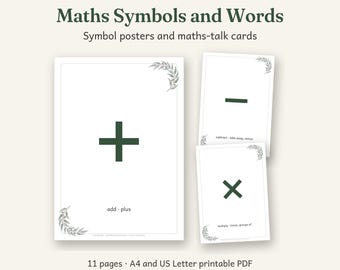 Maths Symbols and Words Printable, Australian Classroom Decor, Calm Watercolour, 11 Pages, A4 and US Letter PDF