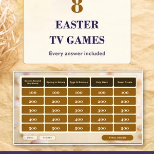 May include: A digital game board for 8 Easter TV Games with categories including Easter Around the World, Spring in Nature, Eggs & Bunnies, Holy Week, and Sweet Treats. The board features point values from 100 to 500, a menu, scores, and a final round button.