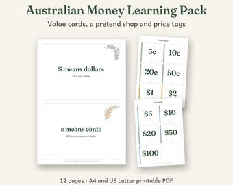 Australian Money Learning Pack Printable, Australian Classroom Decor, Calm Watercolour, 12 Pages, A4 and US Letter PDF