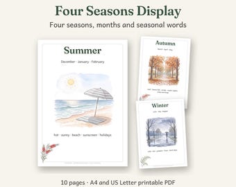 Four Seasons Display Printable, Australian Classroom Decor, Calm Watercolour, 10 Pages, A4 and US Letter PDF