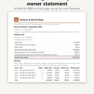 Könnte beinhalten: Ein digitales Eigentümerabrechnungsdokument für Harbour & Hearth Stays mit einer Kopfzeile mit Geschäftsdaten, einer Zusammenfassung der Mieteinnahmen, Verwaltungsgebühren und einer detaillierten Tabelle der Gästebuchungen für September 2026.
