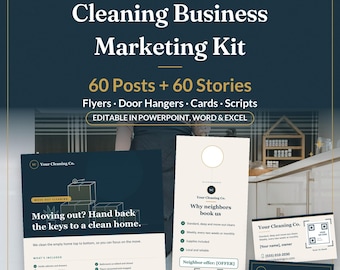 Könnte beinhalten: Ein Marketing-Kit für Reinigungsunternehmen mit Flyer, Türhänger und Visitenkarten in Dunkelblau und Creme. Der Text umfasst Cleaning Business Marketing Kit, 60 Posts + 60 Stories, Flyers, Door Hangers, Cards, Scripts.