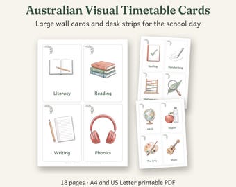 Australian Visual Timetable Cards Printable, Australian Classroom Decor, Calm Watercolour, 18 Pages, A4 and US Letter PDF
