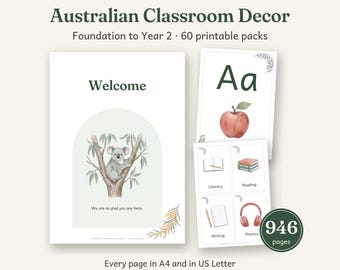 Australian Classroom Decor Bundle, 60 Printable Packs, Calm Watercolour Theme, Foundation to Year 2 Teacher Resources, A4 and US Letter