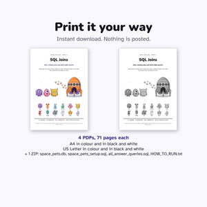Puede incluir: Dos p&aacute;ginas de documento digital tituladas SQL Joins, con ilustraciones en color y en blanco y negro de un cohete y varios monstruos peque&ntilde;os. El texto incluye 4 PDF, 71 p&aacute;ginas cada uno, tama&ntilde;os A4 y US Letter, m&aacute;s un archivo ZIP con datos.