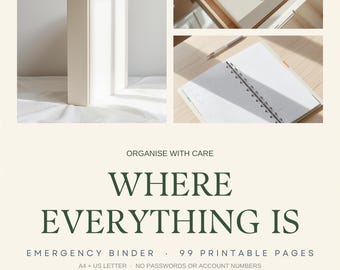 Emergency Binder Printable | 99 Page Household Information Organiser | Where Everything Is Kept | Documents Binder | A4 + US Letter PDF