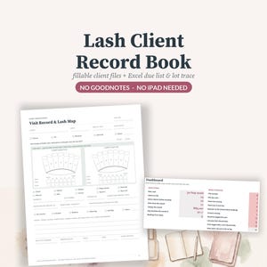 Könnte beinhalten: Ein Wimpern-Kundenbuch mit einem Besuchs- und Wimpernplan-Formular inklusive Ankreuzfeldern für Termindetails und Wimpern-Diagrammen sowie einem Dashboard-Übersichtsblatt mit Studiokennzahlen und Kundenstatus-Updates.
