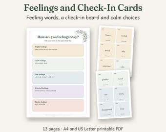 Feelings and Check-In Cards Printable, Australian Classroom Decor, Calm Watercolour, 13 Pages, A4 and US Letter PDF