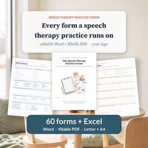 Könnte beinhalten: Eine Sammlung von Logopädie-Praxisformularen, einschließlich bearbeitbarer Word- und ausfüllbarer PDF-Dokumente. Das Set enthält 60 Formulare und Excel-Dateien in Letter- und A4-Größe mit einer illustrierten Titelseite.