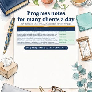 May include: A digital template for progress notes featuring the text Progress notes for many clients a day, Pick from lists - goal-linked, measurable, checked for gaps, and DAP | BIRP | SOAP Excel + fillable PDF + Word, surrounded by watercolor illustrations.