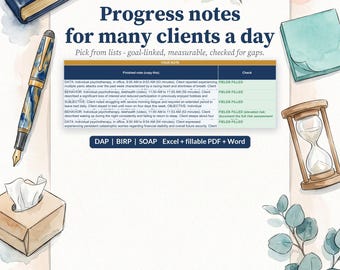 Könnte beinhalten: Eine digitale Vorlage für Verlaufsberichte mit dem Text Progress notes for many clients a day, Pick from lists - goal-linked, measurable, checked for gaps, und DAP | BIRP | SOAP Excel + fillable PDF + Word, umgeben von Aquarellillustrationen.