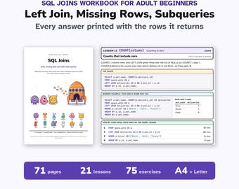 SQL Joins Workbook, Book 2: Left Joins, Missing Rows & Subqueries | 75 Exercises, Answer Key, SQLite Files, Printable PDF