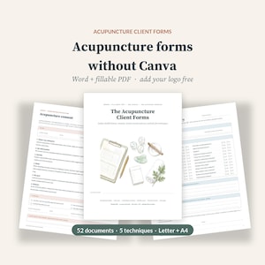 Puede incluir: Un conjunto de formularios para clientes de acupuntura en formatos Word y PDF rellenable. Los documentos incluyen formularios de consentimiento, historial de salud y registros de sesiones. Incluye 52 documentos en tamaños Carta y A4.