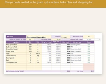 Könnte beinhalten: Eine digitale Tabellenvorlage für eine Hausbäckerei mit einer Rezeptkalkulationstabelle für Schokoladenkekse. Die Überschrift lautet HOME BAKERY SPREADSHEET, Price every bake for real profit und Recipe cards costed to the gram - plus orders.