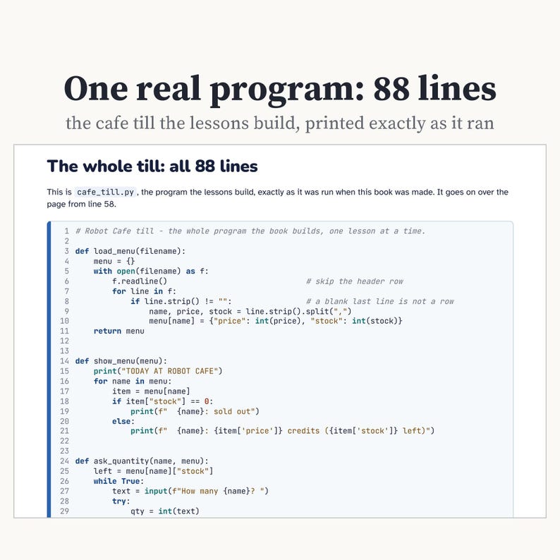Python Project Workbook for Beginners, Book 2: Build a Cafe Till Program, 14 Lessons, 64 Exercises, Answer Key, Printable PDF image 4