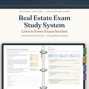 Real Estate Exam Study Guide, National Portion, Every Formula Ready to Use, 473 Practice Questions Explained, 2 Mock Exams, Flashcards