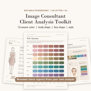 May include: An editable PowerPoint Image Consultant Client Analysis Toolkit featuring US Letter and A4 document templates. The pages display color palettes, body shape diagrams, face shape illustrations, and style guides for professional client reports.