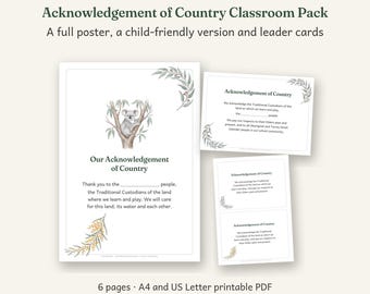 Acknowledgement of Country Classroom Pack Printable, Australian Classroom Decor, Calm Watercolour, 6 Pages, A4 and US Letter PDF