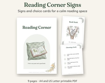 Reading Corner Signs Printable, Australian Classroom Decor, Calm Watercolour, 9 Pages, A4 and US Letter PDF