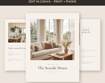 Puede incluir: Una plantilla de libro de bienvenida para Airbnb con un esquema de color beige y texto marrón oscuro. La portada muestra el título The Seaside House y una fotografía de una sala de estar con sofá, mesa de centro y grandes ventanales. Incluye texto.
