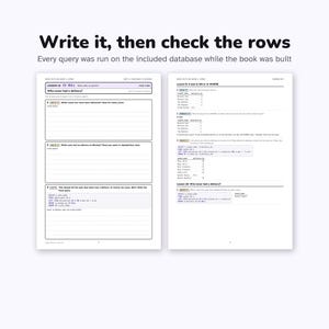 Puede incluir: Dos p&aacute;ginas de un libro de ejercicios t&eacute;cnico titulado Write it, then check the rows. La p&aacute;gina izquierda presenta ejercicios de SQL etiquetados como Lesson 10, mientras que la derecha ofrece la clave de respuestas con fragmentos de c&oacute;digo y resultados.
