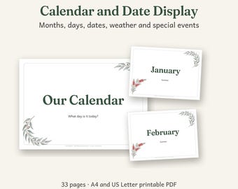 Calendar and Date Display Printable, Australian Classroom Decor, Calm Watercolour, 33 Pages, A4 and US Letter PDF