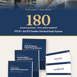 Könnte beinhalten: Ein Lernsystem für PTCE 2026 und NHA ExCPT Prüfungen, bestehend aus drei dunkelblauen Büchern und drei weißen Lernkarten. Die Bücher tragen die Titel Math Workbook, Practice Mocks und PTCB & ExCPT Double-Checked Study System. Die Karten zeigen Norvasc, Synthroid und Lipitor.