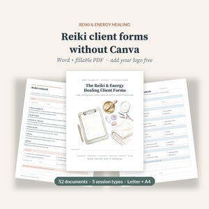 Reiki Client Forms Bundle, 52 Editable Word + Fillable PDF, Reiki Intake Form, Consent, Distance Reiki, Session Notes, No Canva
