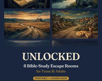 Puede incluir: Una portada de producto digital titulada UNLOCKED 6 Bible-Study Escape Rooms for Teens & Adults Printable + Leader Guide. La imagen presenta cuatro ilustraciones rectangulares que muestran una lámpara de aceite encendida en un escritorio, un paisaje pastoral con un cayado de pastor, un camino rural al atardecer y una mesa rústica con pan y una copa.