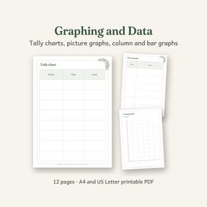 Pode incluir: Um conjunto de folhas de trabalho educativas imprimíveis intituladas Graphing and Data, com tabelas de contagem, gráficos de imagens e gráficos de colunas. As páginas incluem cabeçalhos para escolha, contagem e total, com uma folha ilustrada.