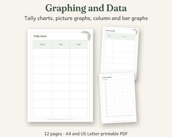 Graphing and Data Printable, Australian Classroom Decor, Calm Watercolour, 12 Pages, A4 and US Letter PDF