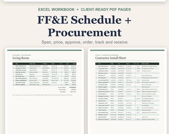 Könnte beinhalten: Eine digitale FF&E-Planungs- und Beschaffungsarbeitsmappe mit einem Dashboard für Finanzübersichten der Hollis Residence, einschließlich Kundensummen, Handelskosten und Lieferantensalden, sowie zwei detaillierten Projektlisten.