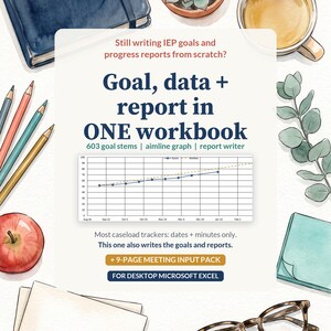 IEP Goal Bank and Caseload Tracker Excel, 603 Goal Stems, Progress Monitoring, Aimline Graph, Progress Report Writer, SPED Teacher