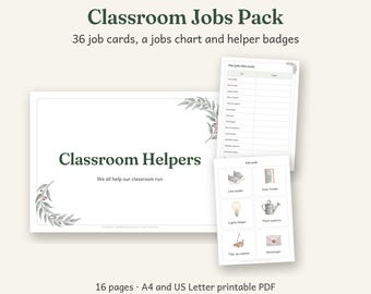 Classroom Jobs Pack Printable, Australian Classroom Decor, Calm Watercolour, 16 Pages, A4 and US Letter PDF