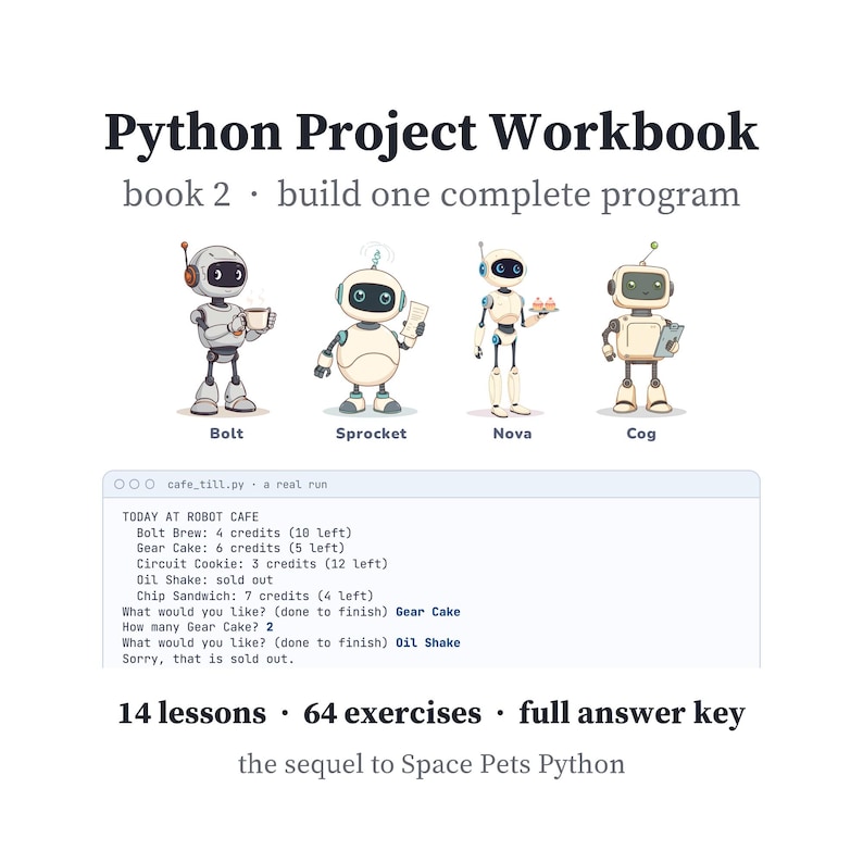 Python Project Workbook for Beginners, Book 2: Build a Cafe Till Program, 14 Lessons, 64 Exercises, Answer Key, Printable PDF image 1