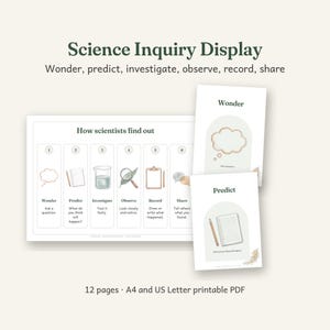 May include: A Science Inquiry Display printable PDF set featuring a horizontal chart titled How scientists find out with six numbered steps and two vertical posters labelled Wonder and Predict, all containing educational text and illustrations.