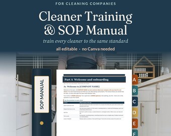 Könnte beinhalten: Ein Reinigungs-Schulungs- und SOP-Handbuch für Reinigungsfirmen, bestehend aus einem dunkelblauen Ordner mit goldenen Akzenten und einer weißen Dokumentenseite mit dem Titel Part A Welcome and onboarding sowie farbigen alphabetischen Registern von A bis H.