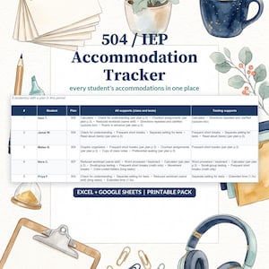 Könnte beinhalten: Ein 504/IEP Accommodation Tracker Dokument mit einer Tabelle für Schülernamen, Plantypen und Unterstützungskategorien. Die Seite ist mit Aquarellillustrationen eines Notizblocks, einer Pflanze, einer Kaffeetasse, eines Bleistifts, einer Sanduhr, eines Klemmbretts, Büroklammern und Kopfhörern verziert.