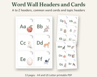 Word Wall Headers and Cards Printable, Australian Classroom Decor, Calm Watercolour, 13 Pages, A4 and US Letter PDF