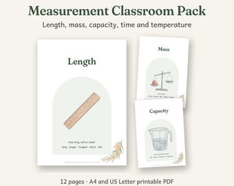 Measurement Classroom Pack Printable, Australian Classroom Decor, Calm Watercolour, 12 Pages, A4 and US Letter PDF